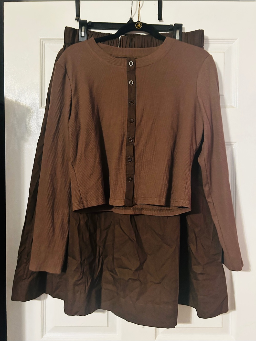 Amazon Brown Two-Piece Skirt Set with Button-Front Crop Top